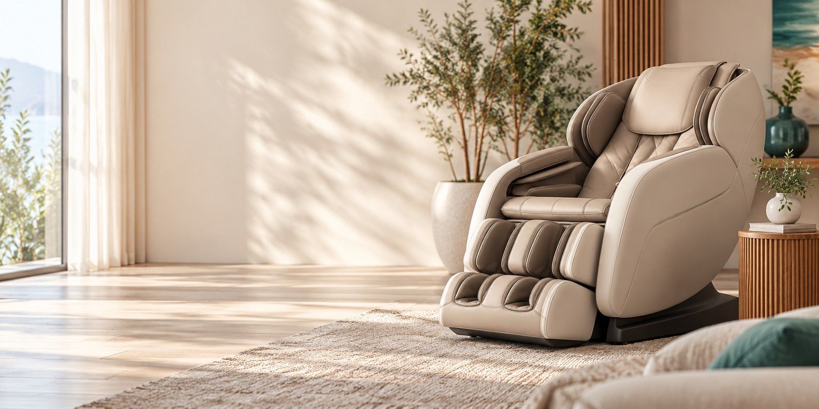 Full-body massage chair in a bright, calm living room