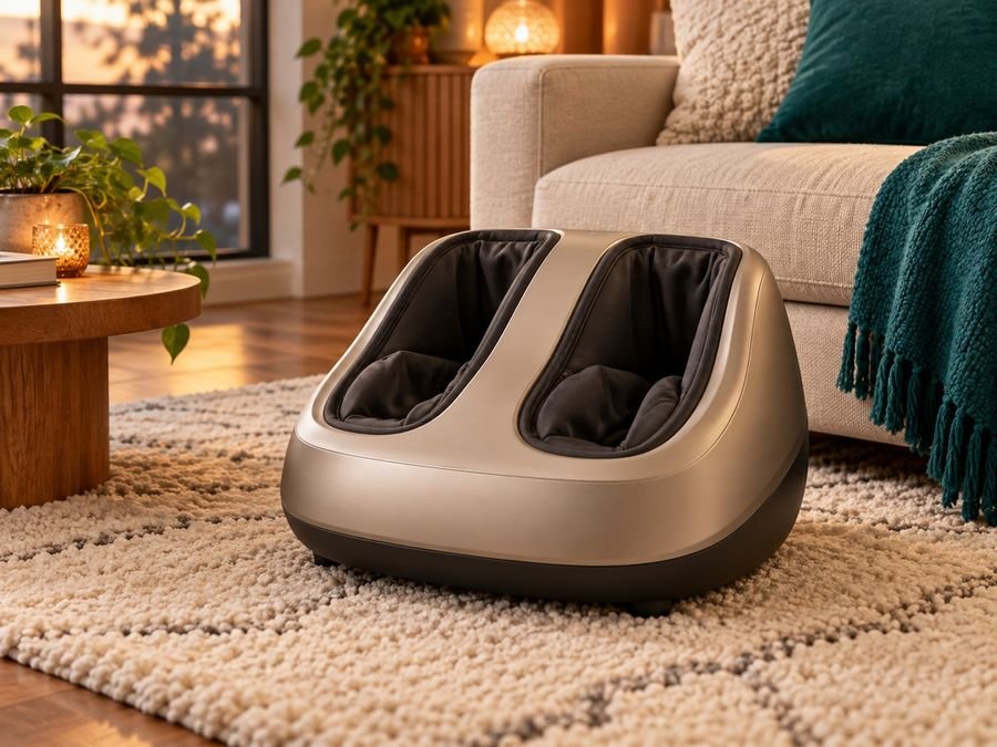 Shiatsu foot massager on a rug beside a sofa