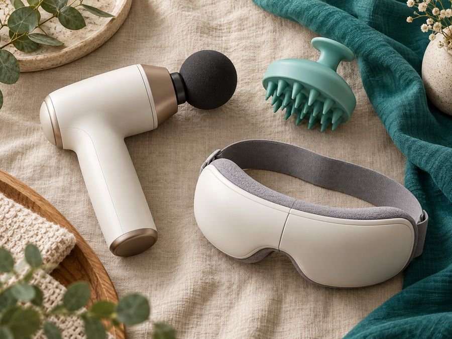 Handheld massage gun, scalp massager and eye massager on linen