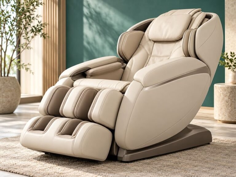 Reclined full-body massage chair beside a window