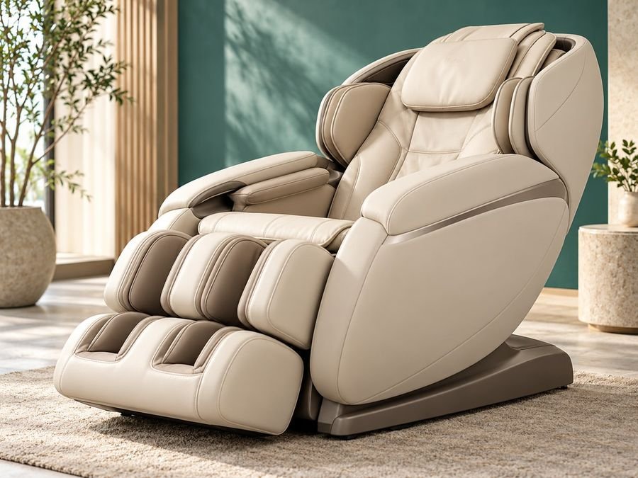 Reclined full-body massage chair beside a window