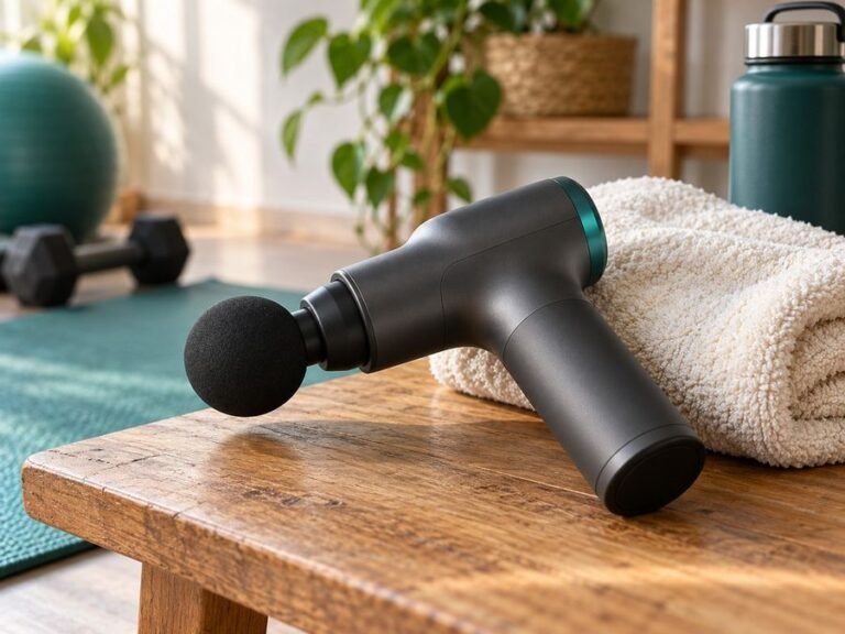 Percussion massage gun resting on a wooden bench next to a towel