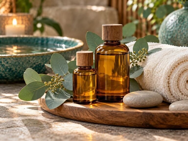 Massage oil bottles with eucalyptus leaves and a rolled towel
