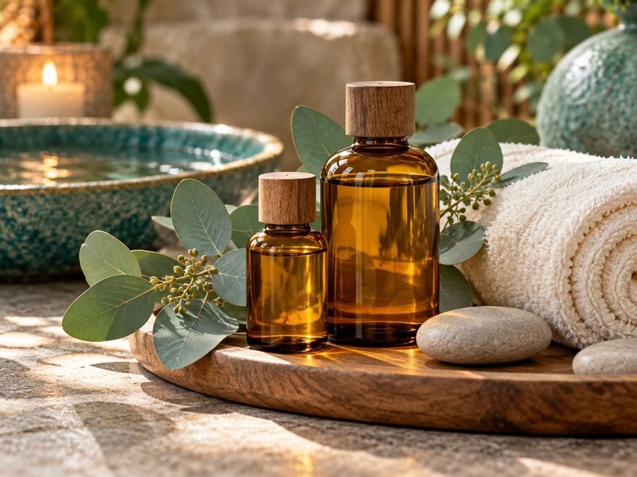 Massage oil bottles with eucalyptus leaves and a rolled towel